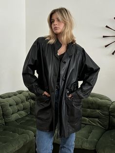 Vintage 80s 90s style Black Leather Coat / Jacket / Made in Italy  Material: Leather  Vintage condition level: good condition  MODEL is 5.3 ft 164 cm tall usually size S  SIZE: Can fit from size S to L  FLAT MEASUREMENTS (unstretched):  Length: Armpit to armpit:  Shoulder to shoulder:  Sleeve:  Every item is vintage, pre-used, pre-loved, one-of-a-kind. All orders are final and sold as-is.  If you have any questions, please contact us before purchase. Irregularities or signs of wear might be present.  Visit our shop:  https://www.etsy.com/shop/DiscothequeClothing Let's keep in touch! Follow us on Instagram! IG: le_disc0theque https://www.instagram.com/le_disc0theque/ Leather Coat Jacket, Black Leather Coat, 90s Style, Leather Coat, 90s Fashion, Shoulder Sleeve, Hungary, Art Collection, Black Leather