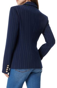 A cinched waist shapes a pinstriped blazer sure to elevate even the most casual outfit. 26" length (size Medium) Three-button closure Notched lapels Nonfunctional four-button cuffs Front flap pockets Lined 66% polyester, 30% viscose, 4% spandex Machine wash, tumble dry Imported Striped Blazer Outfit, Herringbone Blazer, Crepe Blazer, Cotton Blazer, Striped Blazer, Linen Blazer, Oversized Blazer, Cinched Waist, Leather Blazer