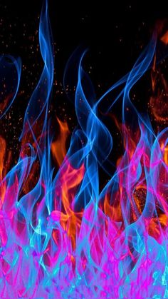 blue and pink fire flames against a black background