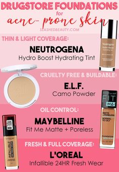 Shopping for foundation is tricky when you're afraid of flaring up your acne. Here are my favorite non-comedogenic drugstore foundations for acne-prone skin at all levels of coverage! | Slashed Beauty Full Coverage Drugstore Foundation, Non Comedogenic Makeup, Foundation For Oily Skin, Fit Me Matte And Poreless, Drugstore Foundation, Face Beat, Beauty Products Drugstore