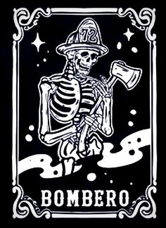 a skeleton holding an ax with the word bombo on it's chest and wearing a