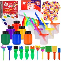 children's art supplies including paints and brushes