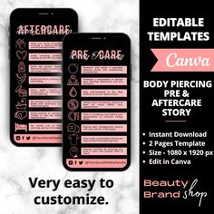 "💎 Get Noticed with this Stylish Editable Body Piercing Pre & Aftercare Story Template. Instagram Story Social Media Template Great for small business owners. 💎 ✨🌟 WHAT'S INCLUDED 🌟✨ 💓 2 pages Body Piercing Pre & Aftercare Story  Template 💓 Dimensions: 1080 x 1920 px 💓 One .PDF file containing a link to edit this Social Media Story in Canva ✨🌟 HOW TO PURCHASE & DOWNLOAD 🌟✨ 💎 Make a purchase of this listing. 💎 Following your purchase, you will receive an email from Etsy containing your .PDF download. Alternatively, you can download it from the \"Purchases & Reviews\" section on Etsy. 💎 Within the .PDF, you will find a link to access your editable Canva templates. 💎 It's crucial to save a copy of your template to preserve your edits. 💎 Customize photos, fonts, and text. 💎 Down Tattoo Healing Process, Story Template Instagram, Waxing Salon, Small Business Cards, Eyeliner Tattoo, Healing Tattoo, Piercing Aftercare, Thank You Customers, Tattoo Aftercare