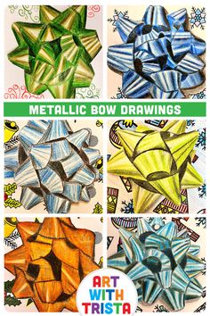 four different colored pencils are shown with the words metallic bow drawings