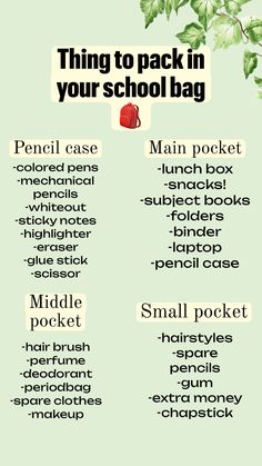 a poster with the words things to pack in your school bag, including apples and leaves