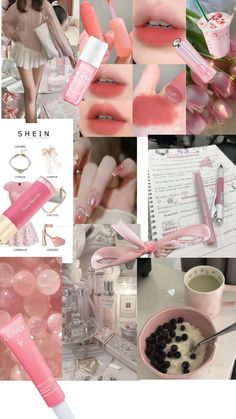 the collage shows pink and white makeup, lipstick, eyeliners, lip balm