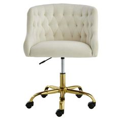 a white office chair with wheels on the bottom and gold base, against a white background