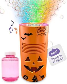 an orange halloween canister next to a pink liquid bottle with music notes on it