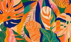 an abstract painting of leaves and plants in orange, pink, blue, green, yellow