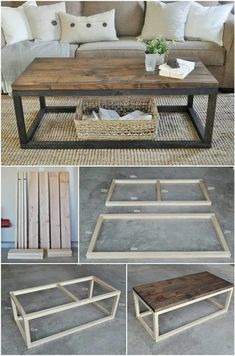 the coffee table is made out of wood and has metal legs, with some white paint on