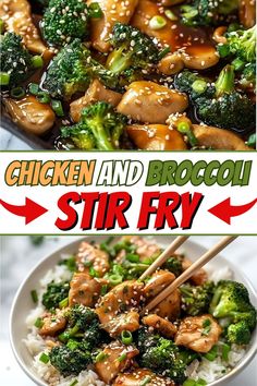 chicken and broccoli stir fry in a white bowl with chopsticks on top