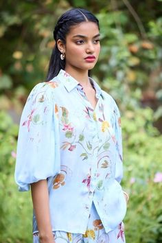 Blue shirt with floral printed motifs. Comes with pant - Aza Fashions Spring Sets With Blouson Sleeves, Blue Floral Print Sets With Relaxed Fit, Floral Stand, Pant Women, Pant For Women, Floral Print Shirt, Blue Shirt, Floral Printed, Sicily