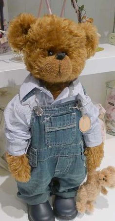 a brown teddy bear wearing overalls and a shirt