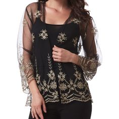 Simply Couture Floral Lace Open Cardigan. This Beautiful And Delicate Lace Lends Dainty Feminine Charm To This Gauzy Open Cardigan, Which Features A Dreamy Sheer Construction And Is Embellished With A Scalloped Lace Hem. The Beautiful Detail Was Made With A Gold Thread. Dress Up Your Favorite Little Black Dress With This Gorgeous Cardigan And Be Ready To Party. Please Refer To The Sizing Chart To Find The Right Size For You. Use The Offer Button For Reasonable Offers. 100% Polyester Fall Shrug For Night Out, Elegant Open Front Layering Shrug, Elegant Open Front Shrug For Layering, Elegant Black Festive Tops, Elegant Open Front Top For Fall, Elegant Open Front Tops For Fall, Elegant Open Front Winter Tops, Elegant Fall Layering Shrug, Elegant Spring Cardigan For Night Out