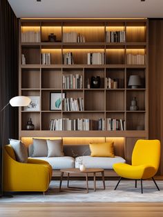 a living room filled with furniture and bookshelves