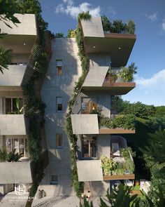 an apartment building with plants growing on the balconies