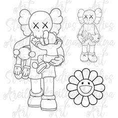 a cartoon character holding a baby in his arms and an image of a flower on the side