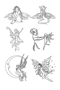 four different fairy tattoos on a white background