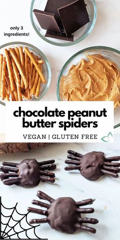 chocolate peanut butter spider treats with text overlay that reads, chocolate peanut butter spiders vegan gluten free