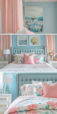 two pictures of a bedroom with pink and blue decor