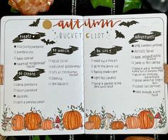 an autumn bucket list with pumpkins and leaves