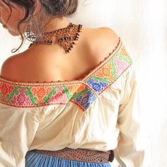 Lovely Long Sleeve Blouse With Colorful Intricate Hand Embroidery Work On Neck And Sleeve Cuffs. Beautiful V Neck For Xxs/Xs Off The Shoulder, S/M V Neck, Gives This Blouse A Very Feminine Feeling. Pair It With A Mexican Skirt Or Long Boho Skirt. Unique And One Of A Kind Mexican Textiles Wearable Hand Embroidered Vintage Traditional Fine Folk Art From Mexico With Love. Collection I Details: Color: Natural With Green/Teal Intricate Hand Embroidery Work. Mexican Soft Natural Manta Cotton. Wide V N Mexican Skirt, Long Boho Skirt, Wide V Neck, Mexican Skirts, Hand Embroidery Work, Mexican Textiles, Boho Skirt, Vintage Traditional, Boho Skirts