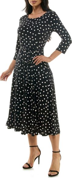 Nina Leonard Boat Neck Midi Dress | Nordstromrack Flowy Polka Dot Midi Dress, Boat Neck Midi Dress, Flowy Midi Dress, Dress Fitted, Printed Ties, Three Quarter Sleeves, Boat Neck, Midi Dress, Dresses