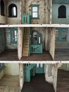 three pictures of the inside of a dollhouse with wood floors and green trimmings