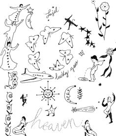 some drawings that are on the side of a white paper with words written in it