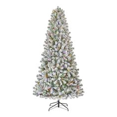 a white christmas tree with multicolored lights and snow on the top, against a white background