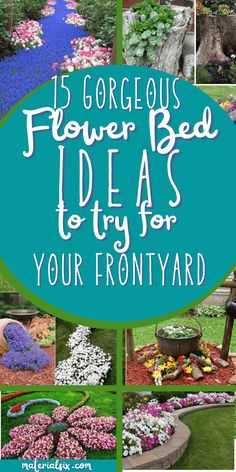 flowers and plants are featured in this collage with the words 15 gorgeous flower bed ideas to try for your front yard