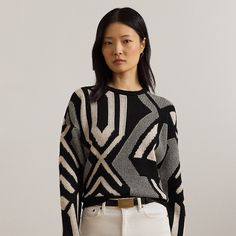 Knit with a luxurious blend that includes wool cotton and cashmere this crewneck sweater is updated for the season with an abstract geometric motif inspired by Art Deco architecture. A relaxed-fitting silhouette and dropped shoulders lend to this style’s cozy feel. Mascarpone Cream, Deco Architecture, Geometric Motif, Women Ralph Lauren, Art Deco Architecture, Polo Sport, Plus Size Sweaters, Jumper Shirt, Short En Jean