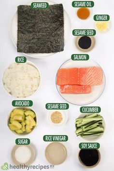 the ingredients to make sushi are displayed on a white surface with green and black lettering