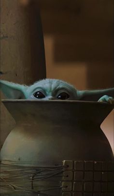 the child yoda is peeking out from behind a vase