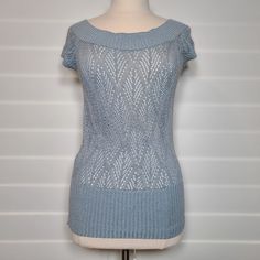 New With Tags Wet Seal Acrylic Cap Sleeve Boat Neck Sweater Blouse Size: L Color: Dusty Blue 100% Acrylic Style: 35866244 Made In Usa C-N-3 Light Blue Pointelle Knit Top, Casual Light Blue Pointelle Knit Top, Blue Pointelle Knit Crew Neck Top, Elegant Stretch Light Blue Top, Elegant Light Blue Stretch Top, Strapless Shirt, Boat Neck Sweater, Purple Leopard Print, Peasant Shirt