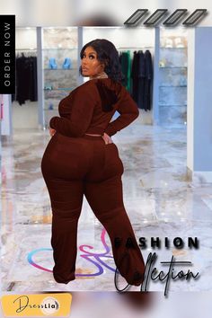 Plus Size Velvet Hooded Jacket Wide Leg Pants Suit Brown Winter Sets With Pockets, Brown Long Sleeve Winter Sets, Hooded Solid Color Sets For Fall, Hooded Solid Sets For Fall, Fitted Sets For Fall Streetwear, Fitted Hooded Tracksuit For Fall, Long Sleeve Brown Sets For Fall, Brown Long Sleeve Sets For Fall, Fitted Hooded Sets For Fall