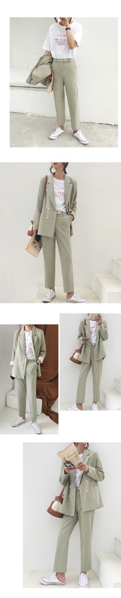 Vintage Autumn Winter Light Green Blazer Jacket And Pants Office Wear Suits Spring Office Wear, Women Pant Suit, Winter Office Wear, Backless Shirt, Womens Black Pants, Women Suits, Office Wear Women, Black Kimono, Womens Camisoles