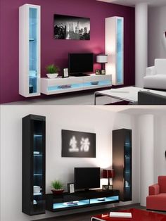 there are two pictures of a living room with purple walls and white furniture in it