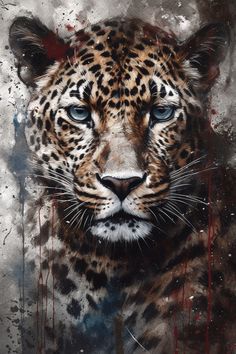 a painting of a leopard with blue eyes