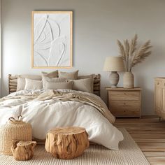 a large bed sitting in a bedroom on top of a wooden floor