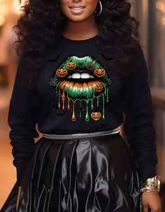 Make a bold statement this Halloween with our Dripping Lips Halloween Crewnecks & T-Shirts! Featuring a unique spooky pumpkin lip design, these stylish and cozy outfits are perfect for Halloween parties or adding a fun twist to your fall wardrobe Turn heads this Halloween with our spooky Dripping Lips Pumpkin crewnecks and t-shirts! Featuring a bold design with vibrant pumpkin lips, bats, and webs, these cozy sweatshirts and tees are perfect for your fall wardrobe. Whether you're dressing up for Punk Tops For Fall Costume Party, Punk Tops For Costume Party In Fall, Punk Style Fall Tops For Costume Party, Fun Halloween Streetwear Top, Dripping Lips, Makeup Face Charts, Spooky Pumpkin, Lip Designs, Cozy Outfit