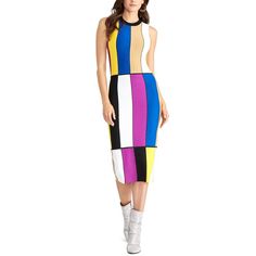 Colorblock Chic-Rachel Roy's Body-Con Dress Hugs Every Curve With Standout Style. Black And Multi Color Dress, Multicolor Color Block Midi Dress For Spring, Spring Multicolor Color Block Midi Dress, Chic Multicolor Color Block Midi Dress, Chic Multicolor Spliced Dress, Multicolor Patchwork Midi Dress, Chic Yellow Color Block Dress, Colorful Color Block Dresses For Spring, White Color Block Midi Dress