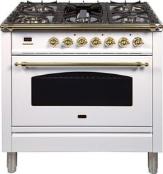 a white stove top oven with two burners on each side and gold trimmings