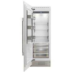 an empty refrigerator with its door open on a white background