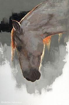 a painting of a brown horse with orange manes and white head, against a gray background