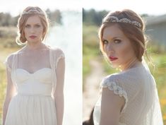 two pictures of a woman wearing a white dress and headpiece with flowers in her hair