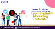 group of people holding social media icons with the words move to higher levels of success with dmb learn digital marketing course