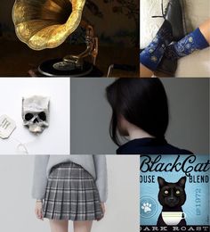 a collage of photos with various items including shoes, skull head and other things