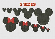 the 5 sizes of mickey mouse ears are shown in red, black and grey colors