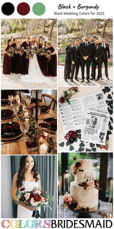 the wedding party is all dressed up in black, burgundy and green colors for this color scheme